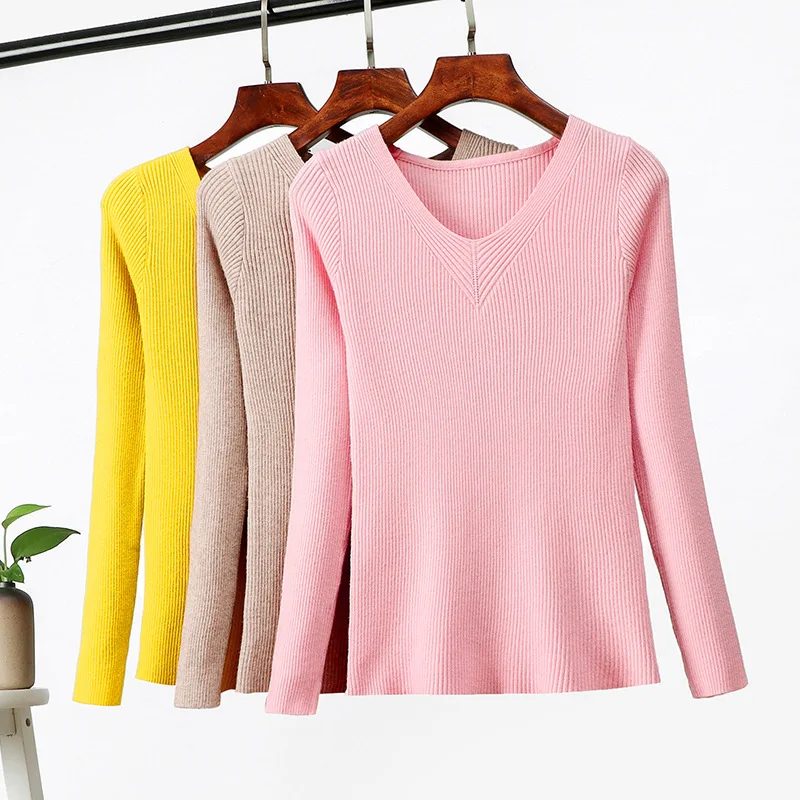 

gkfnmt Winter Sweater Women Chic Sexy V-neck Slim Sweater Female Knitted Pullovers Autumn Long Sleeve Tops Warm Basic 2020