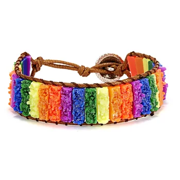 

Belleper LGBT Design Rainbow Resin Hand-woven Adjustable Bracelets Natural Stone Resin LGBT Pride Strand Couple Bracelet Jewelry