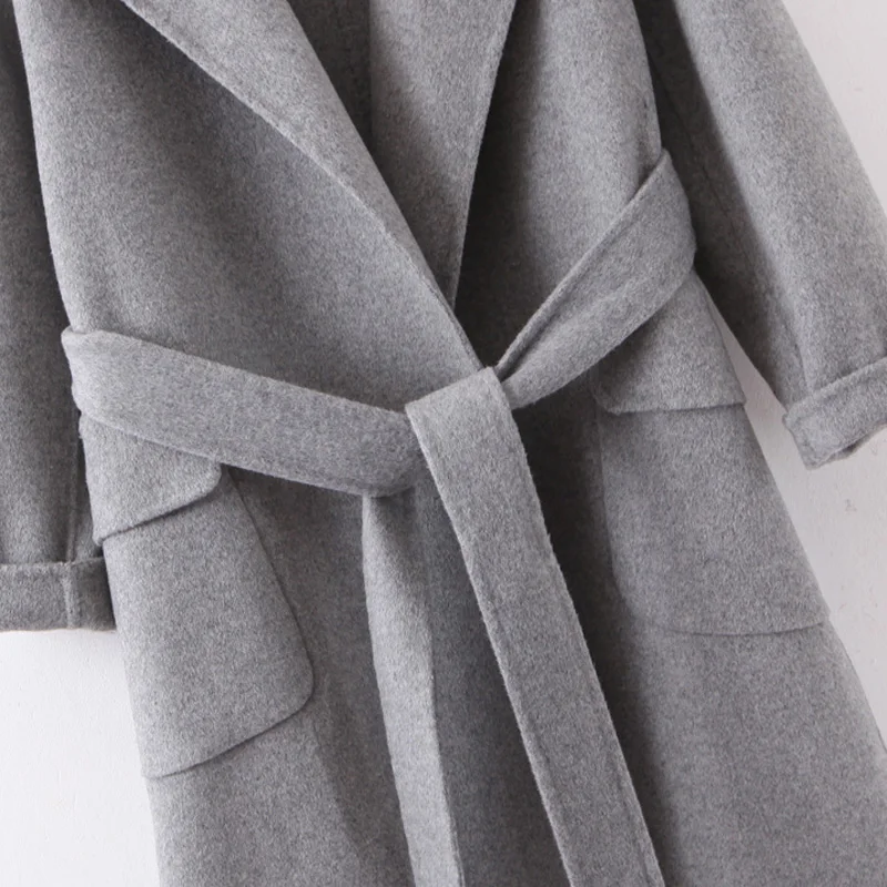 Женские шерстяные пальто с поясом на талии, модные одноцветные двухсторонние куртки, женские элегантные приталенные пальто с карманами для девушек JY