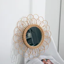 Подвесное зеркало ротанга Подсолнух круговое настенное зеркало Декор Бохо плетеное туалетное зеркало для макияжа E2S