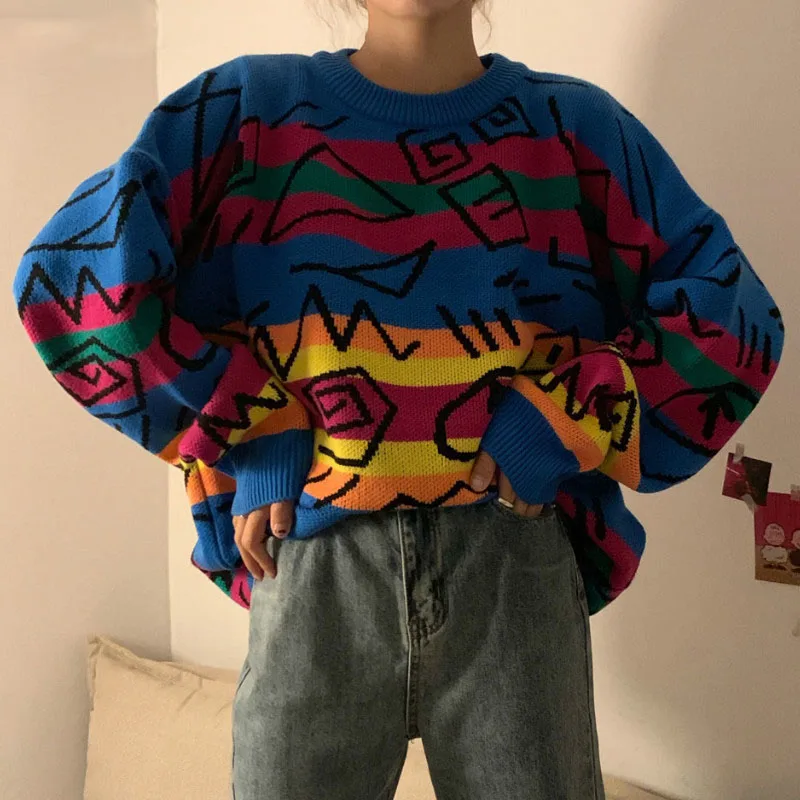 

Chic Retro Crazy Style Loose Pull Femme Graffiti Lover Rainbow Striped Knit Sweater O Neck Long Sleeve Patch Pulllover