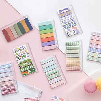 

2pcs Index Sticker Set Cartoon Cute Ruler Sticky Note Color Plaid Adhesive Post Label Memo Planner Diary Tag Office School A6714