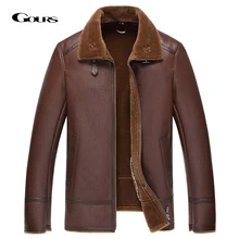 Gours, Зимние Куртки из натуральной кожи, Мужская одежда, модная, коричневая, настоящая овчина, длинное пальто Авиатор с шерстяной подкладкой, теплая, GSJF1850