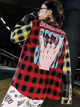 

Long Sleeve Plaid Stitching Street Spring Autumn Hip Hop Coat Female Long Section Bf Wind Graffiti Shirt Female Harajuku