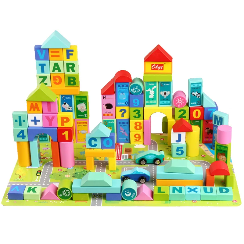 

100pcs Early Education Color Building Blocks With Letters And Numbers Children's Diy Geometric Assemble Safety Solid Wood Toys