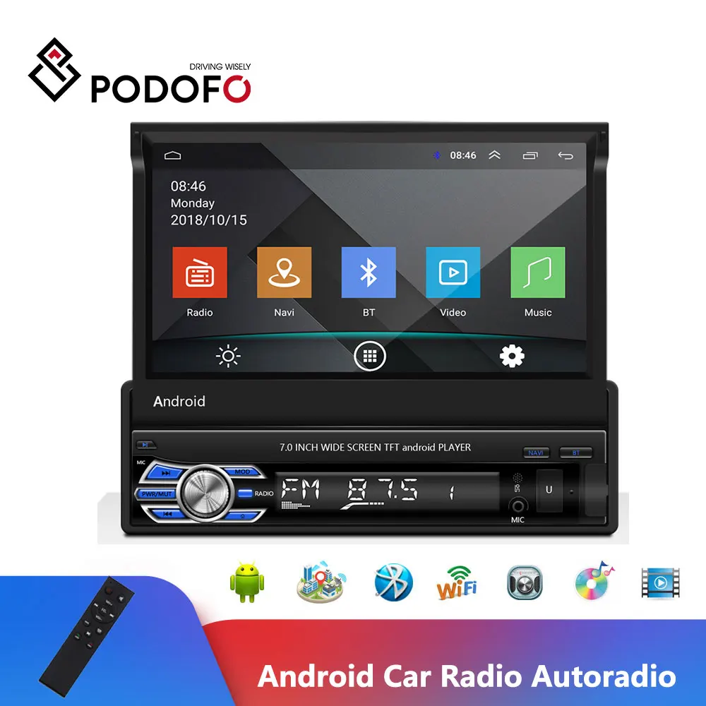 Автомагнитола Podofo с выдвижным GPS Wi Fi Android сенсорный экран 7 дюймов MP5 плеер Bluetooth