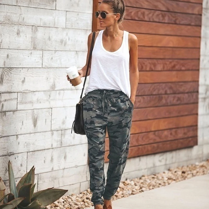 Women Camouflage Pants Waist Lace up 