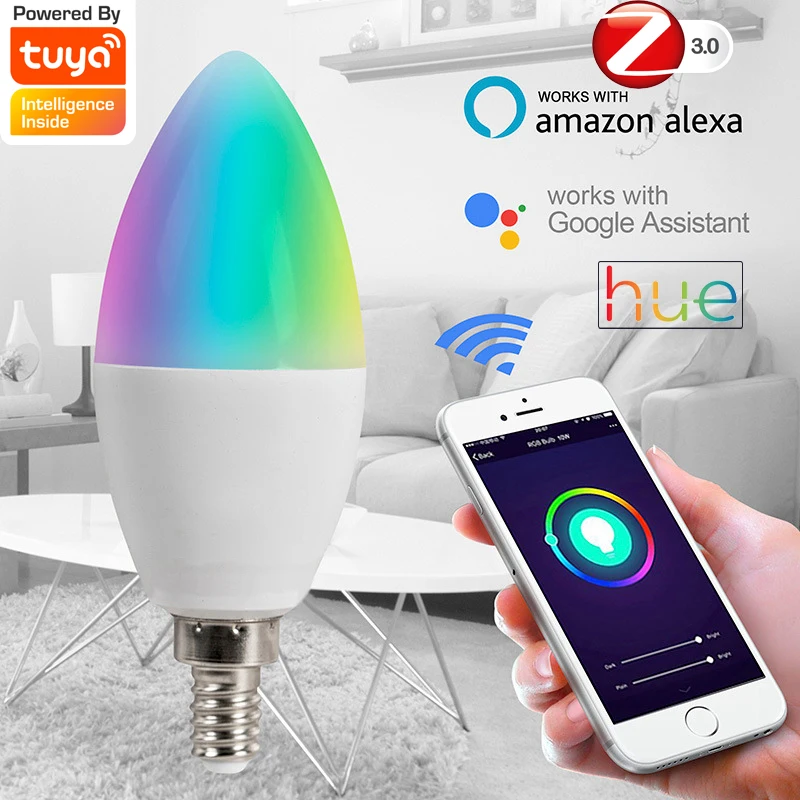 

Smart Zigbee Light Bulb, C37 Dimmable RGBCW, E12 E14 Base LED Candle Lamp Chandelier, 5W 450LM, Work With Alexa Google Home