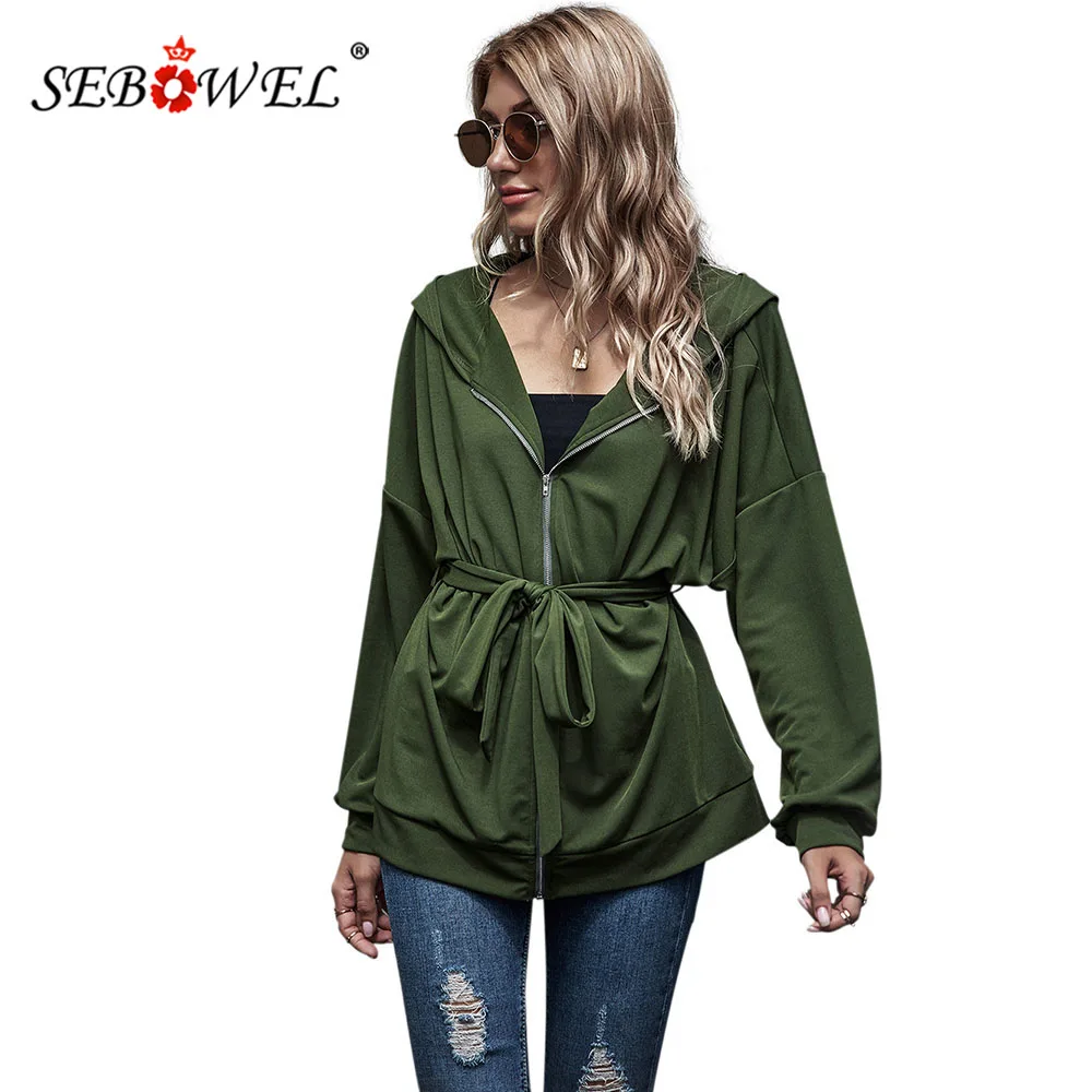 

SEBOWEL Autumn Women Long Sleeve Hooded Jacket Spring Female Slim Fashion Casual Sports Zipper Coats with Matching Sashes