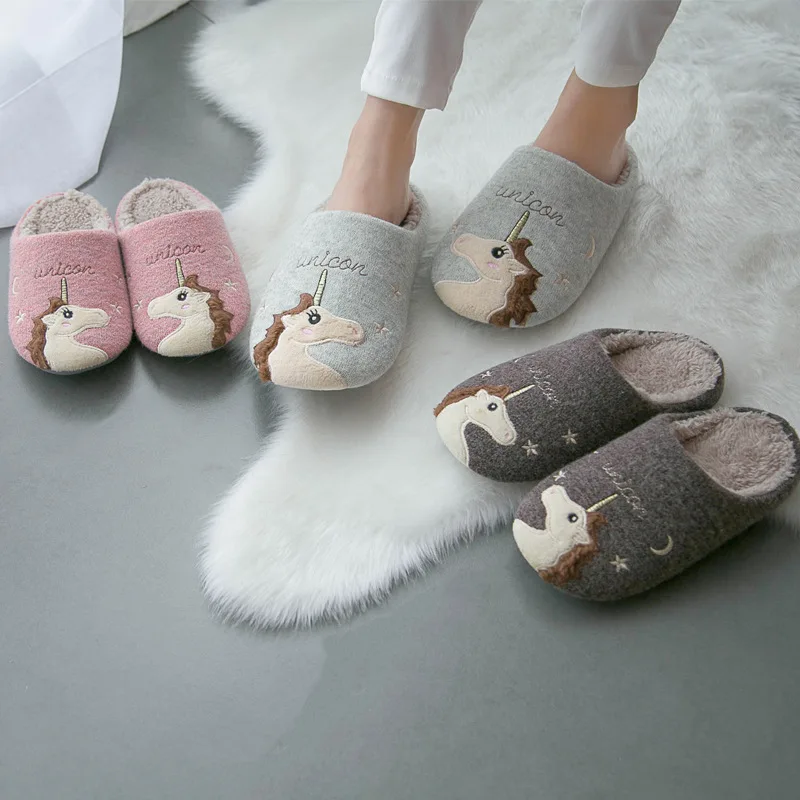

Winter Women Slippers Cute Animal Unicorn Fur Indoor Home Shoe Female Girl slides Nonslip Memory Foam Cotton House Slippers