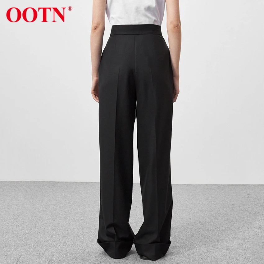 OOTN Black Pleated Palazzo Pants Women High Waist Casual Summer Trousers Work Wear Floor-Length Loose Office Ladies Pants 2021 2