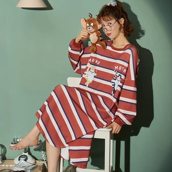 

2020 autumn and winter pure cotton cartoon print pullover NightdressNightdressM-XXL comfortable pajamas ladies casual home wear