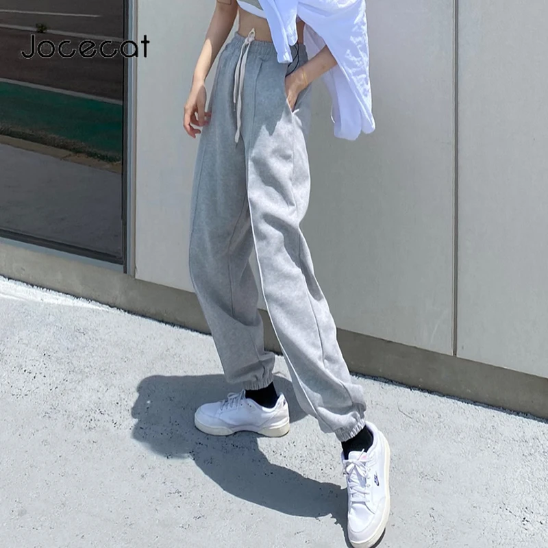 

Solid Grey Casual Womens Jogger Sweatpants Korean Style High Waist Drawstring Activewear Female Trousers Harajuku