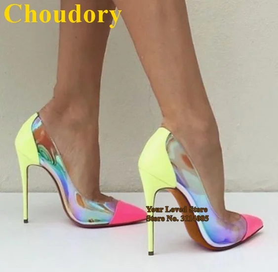 PVC炫彩拼色尖头单鞋 (4)