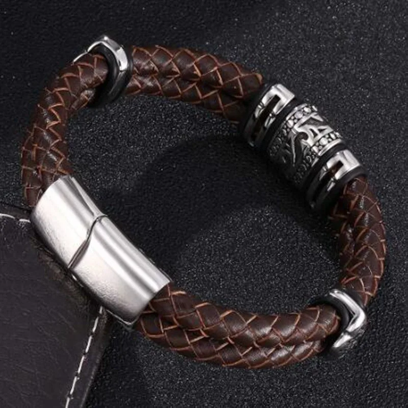 Double Layer Punk Brown Braided Leather Bracelet for Men Metal Magnetic Clasp
