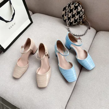 

MLJUESE 2020 women sandals cow leather Rome style blue color buckle strap square toe high heels beaches sandals party dress