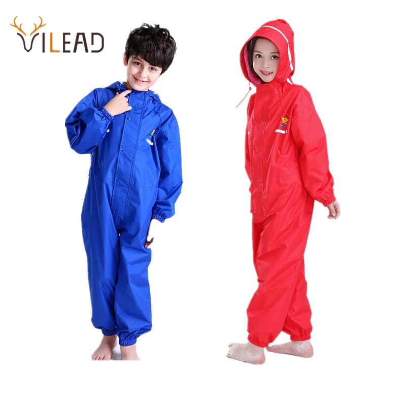 

VILEAD Thick Children Raincoat Polyester Cute Baby Solid Outdoor Rain Coat Waterproof Jumpsuits Poncho Big Hat Student Rainwear