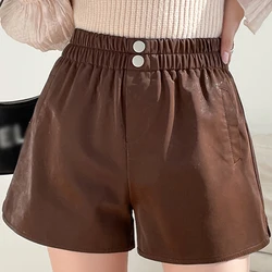 Shintimes outono novo elástico de cintura alta couro do plutônio shorts feminino bolsos casuais perna larga sólida básica shorts feminino 2021 inverno