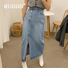 RUGOD, новинка, женская джинсовая юбка с высокой талией, с четырьмя боковыми пуговицами, прямая юбка, Корейская шикарная модная уличная юбка