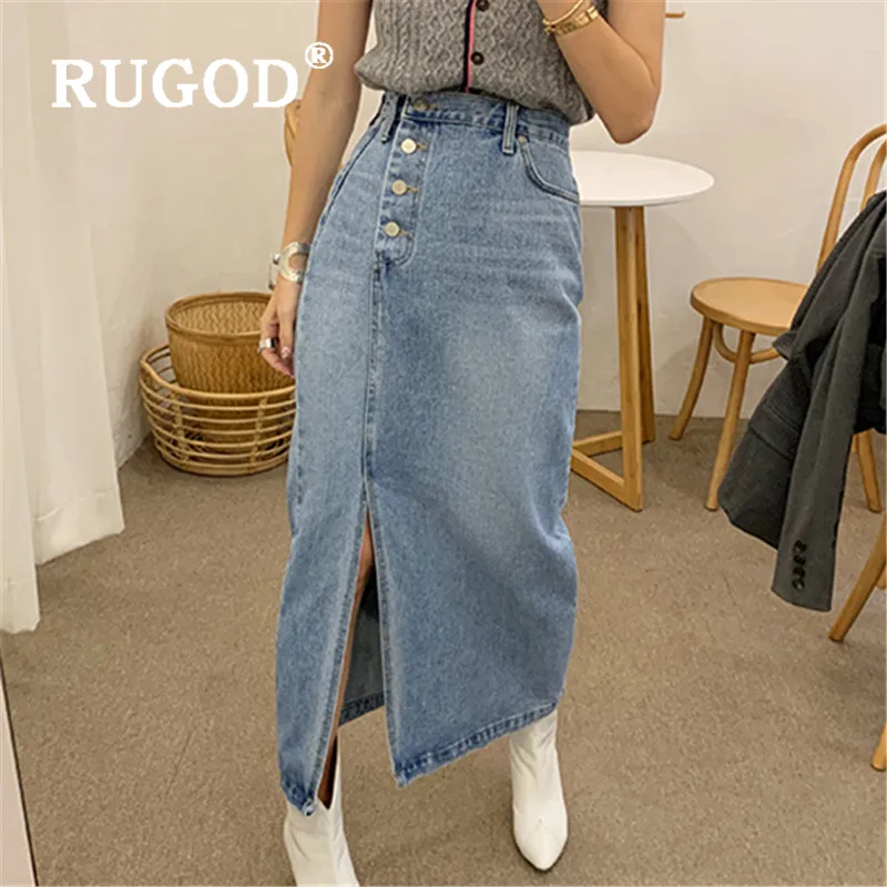 RUGOD 2020 New Women Denim Skirt High Waist Side Four Buttons Side Spilt Straight Skirt Korean Chic Fashion Streetwear Skirt RUGOD 2020 New Women Denim Skirt High Waist Side Four Buttons Side Spilt Straight Skirt Korean Chic Fashion Streetwear Skirt