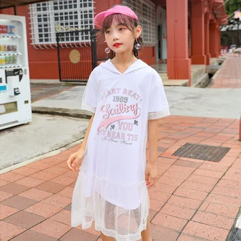 

New 2020 Summer Mesh Patchwork Baby Girls Dress Fashion Letter Printing Kids Dress for Girls Hooded Casual Girls Dress, #9003