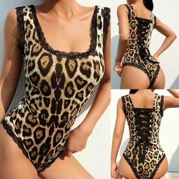 

Women Sexy Lace Leopard Bodycon Bodysuit Sleeveless Ladies Strap Back Lace Up Bandage Body Suit Skinny Jumpsuit Female Rompers