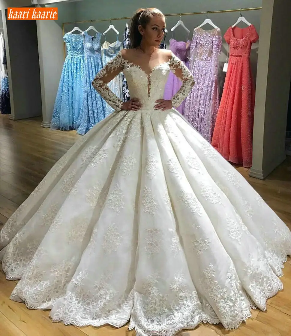 Роскошное бальное платье, свадебное платье с длинным рукавом на заказ, Кружевная аппликация, свадебные платья длиной до пола, Пышные свадебные платья принцессы, новинка