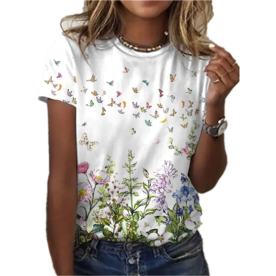 

White 3D Butterfly Pattern Women's Clothing Short Sleeve T-shirt Outdoor Streetwear Women's Cloth Top T-shirt Women
