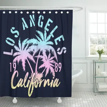 

Vintage Tropical Graphic Summer Palm Trees Lettering Los Angeles Bathroom Curtain Waterproof Polyester Fabric 60 x 72 inches Set