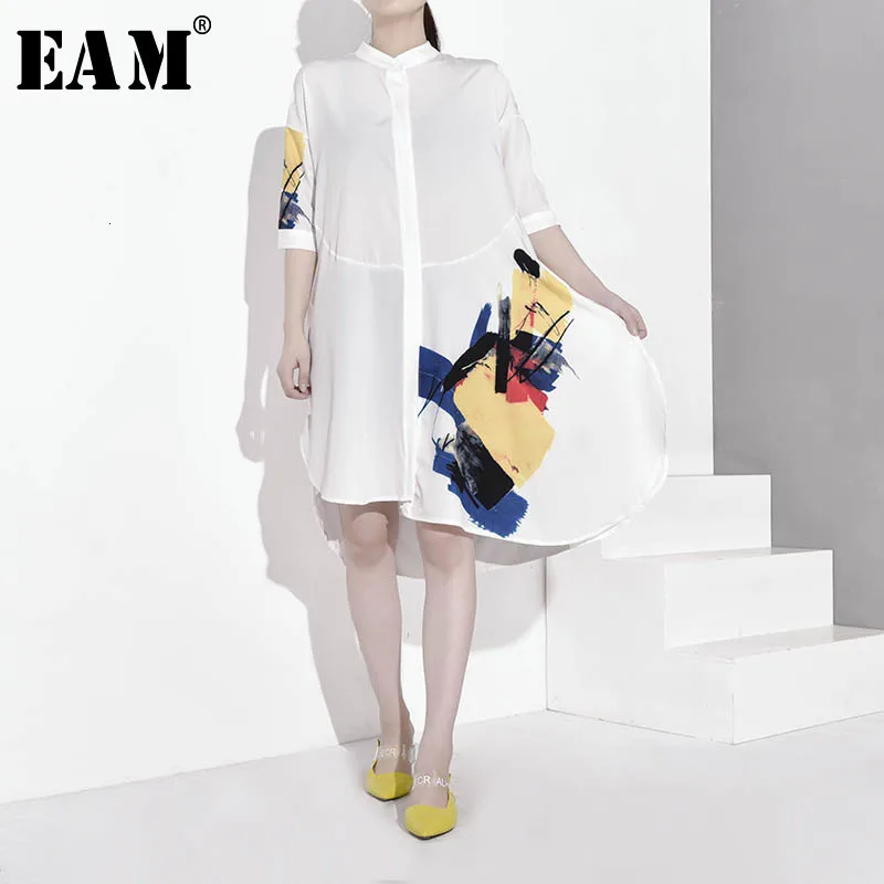

[EAM] Women White Pattern Printed Asymmetrical Big Size Blouse New Stand Collar Loose Fit Shirt Fashion Spring Autumn 2019 JY35