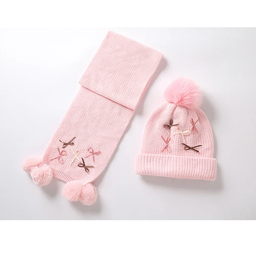 pink set Платье для девочек; зимняя шапка, шарф набор детей младшего возраста осенний вязаный Шапка-бини, теплый спортивный костюм с меховым помпоном хлопковая подкладка; уличная одежда; Отделка: Лыжный Спорт для малышей и подростков аксессуар - Цвет: pink set