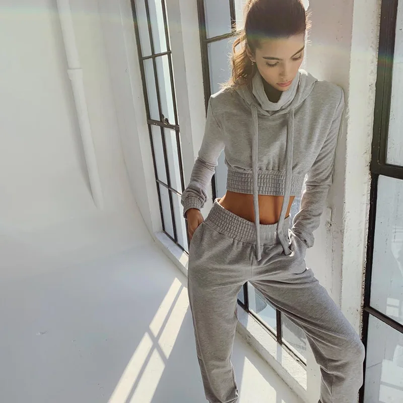 

Autumn Hoodies Clothing Casual 2 Piece Set Grey Tracksuit Women Set Short High Collar Tops Long Pants Ladies Suit