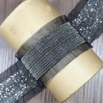 

2Yards Copper Beads Chain Fringe Beaded Trimming Lace Ribbon DIY Sewing Clothing Decoration Accessories Black Mesh Lace Fabric