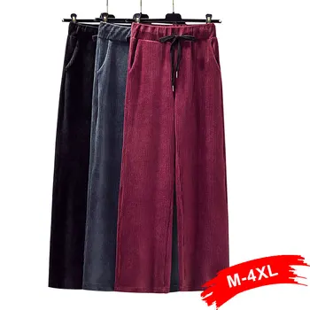 

Plus Size Drawing Waist Wide Leg Loose Corduroy Pants 3Xl 4Xl Women Empire Loose Casual Striped Trousers Basic Pant