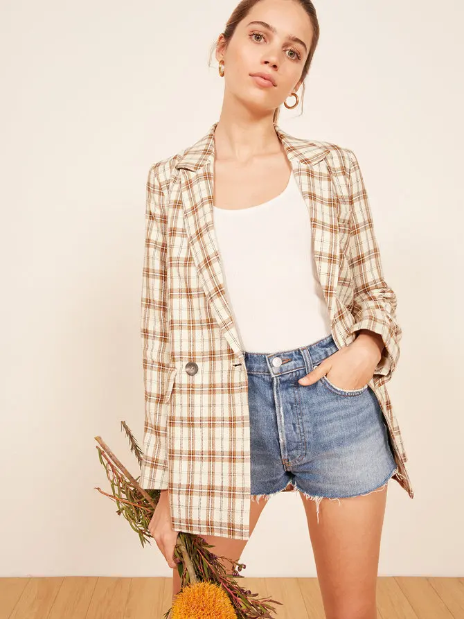 

9135-2019 Autumn French Non-mainstream Retro Beige Pattern Loose-Fit Vintage Plaid Suit Jacket Women's Autumn