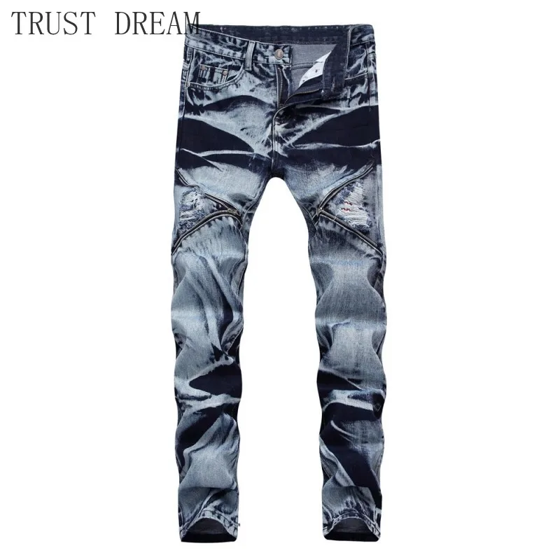 

2019 Ins Style Men Biker Jeans Slim Zipper Distroyed Washed Color Ripped Hole Man Motor Denim Pants Cool Streetwear Trousers