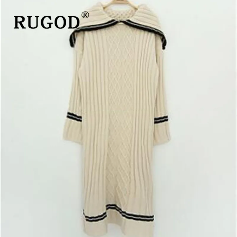 RUGOD, шикарное, простое, ретро, корейское, вязанное, макси платье, специальный воротник, сплошной, полный рукав, Топ для женщин, трикотаж, повседневные, женские платья