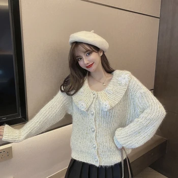 

2020 fall Winter sweet Appliques Knitting Loose cardigan sweater woman long-sleeved Coat Outwear Spring