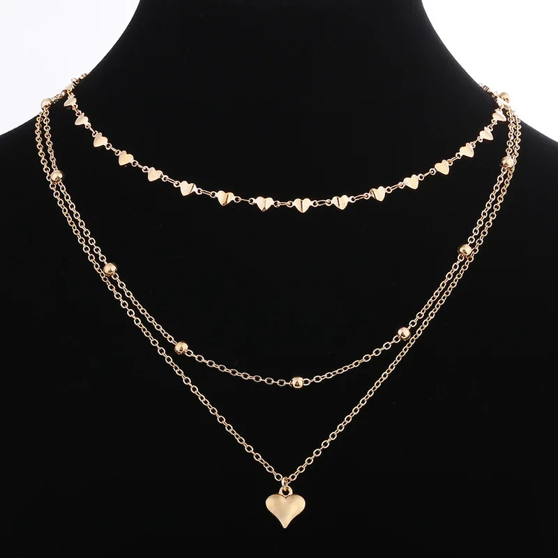 

New Peach Love Heart Gold Silver Choker Chain Necklace Charms Women Multilayer Long Clavicle Statement Necklaces Jewelry