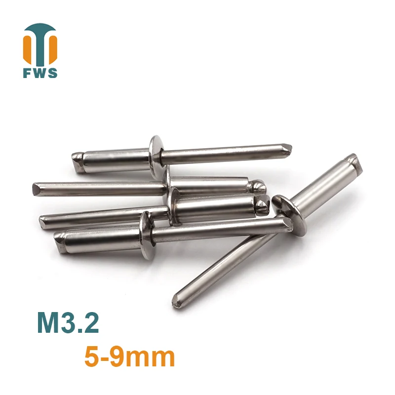 

10 PCS M3.2 5-9mm DIN EN ISO 15983 GB /T 12618.4 Stainless Steel Open End Blind Rivets Pop Rivets With Protruding Head