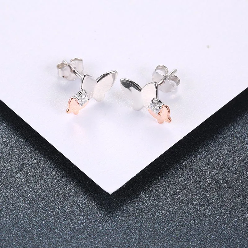 SG 925 пробы серебряные серьги Модные ювелирные изделия для женщин кубический цирконий розовое золото бабочка серьги гвоздики новое поступление