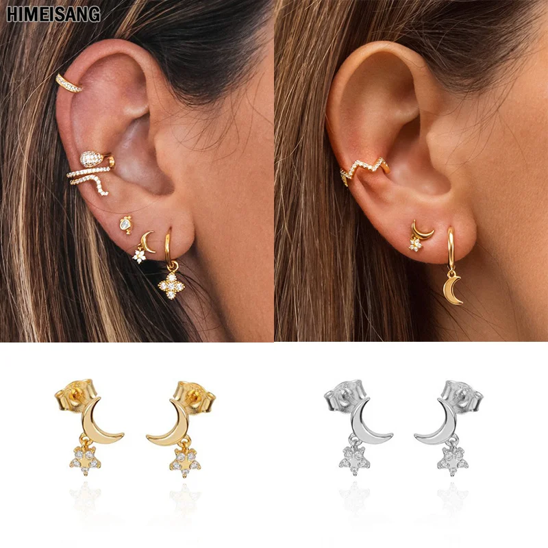 

Fashion Moon Star Stud Earrings for Women Silver Gold Filled Cubic Zirconia Unusual Earings Piercing Ear Girls Jewelry Wholesale