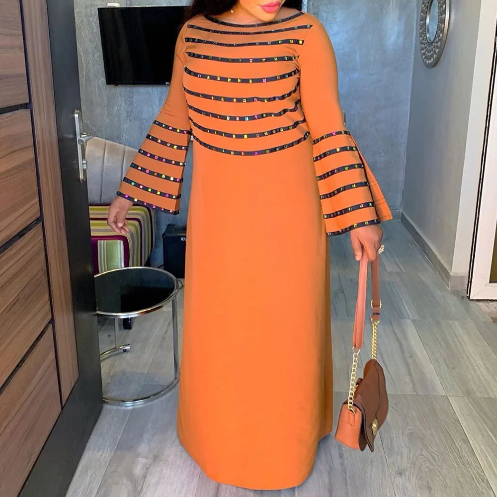 

Big Size Stripe Long Sleeve Loose Dress Women African Ladies Large Sizes Evening Party Long Dresses Robe Vintage Maxi Dress Robe