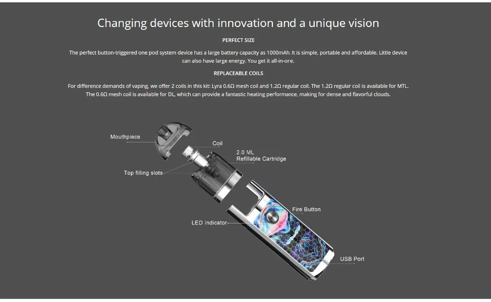 Original Lost Vape Lyra Pod System Kit 1000mAh battery 20W Electronic Cigarette Vape 2ml Pod Cartridge Tank with Mesh MTL Coil (8)