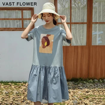 

Women cotton cartoon print summer dress patchwork pleated midi loose casual clothes beach elegant vestidos 2020 ladies dresses