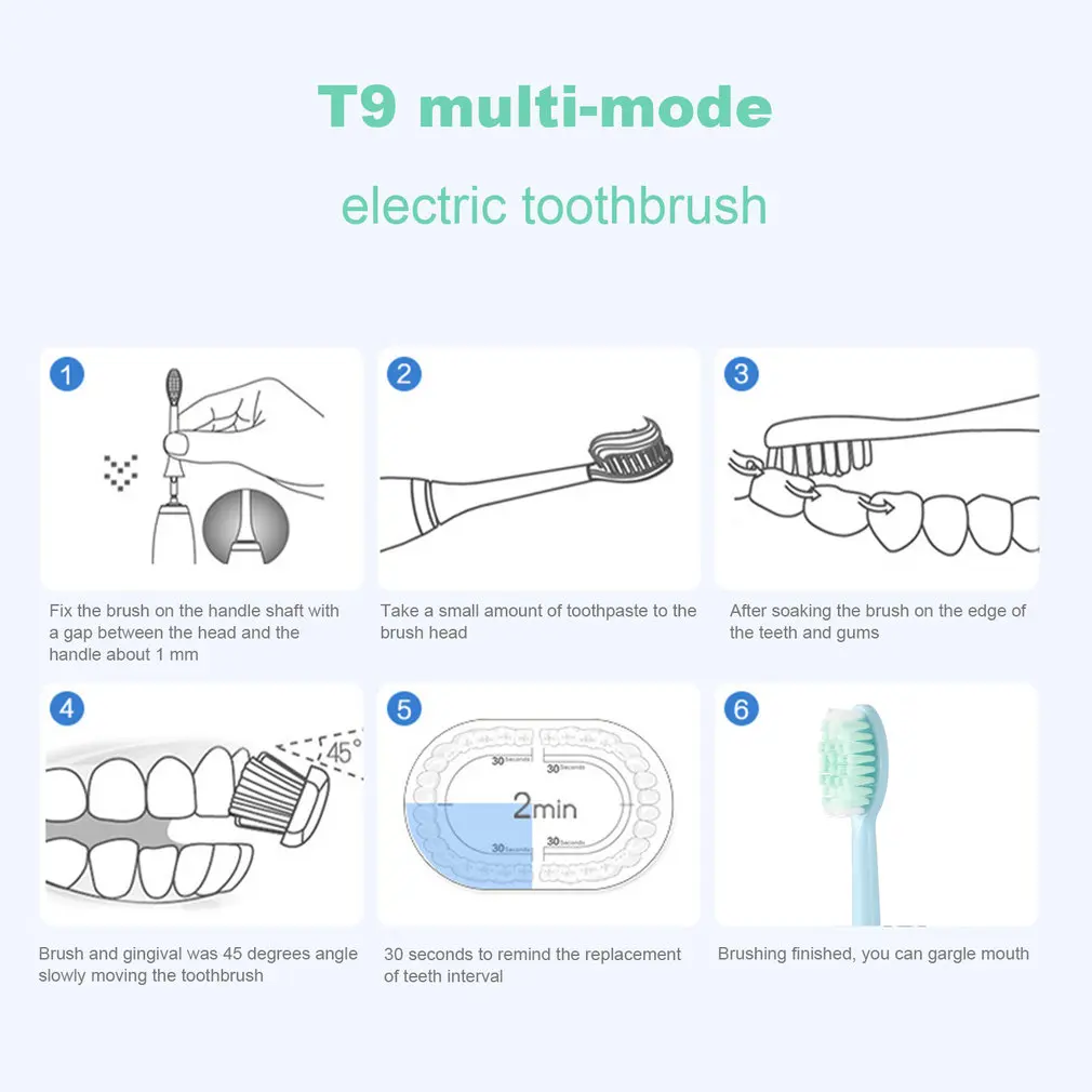 T9multi-function электрическая зубная щетка звуковая волна Беспроводная зарядка Топ умный чип Зубная щетка головка лучший подарок для здоровья зубов