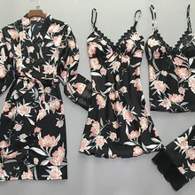 Женская домашняя одежда пижамы 4 шт. ремень топ брюки костюм пижамы наборы женская ночная сорочка соблазнительное кимоно Ночной халат ночная рубашка