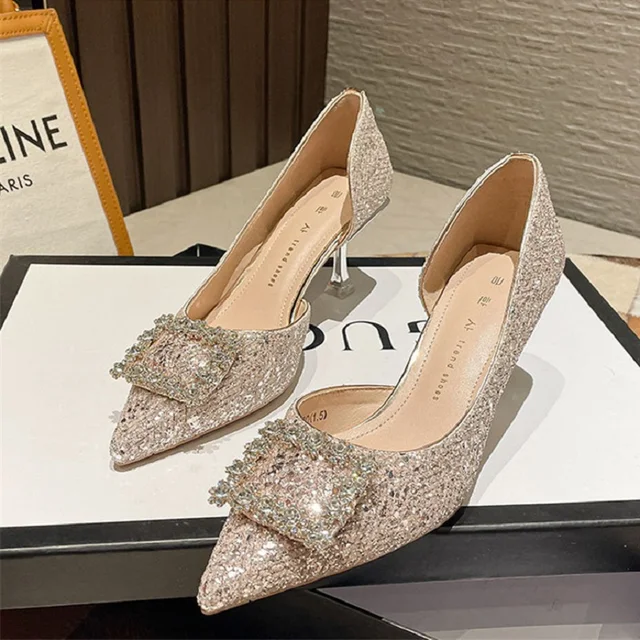 Meotina Woman Fashion Shoes Ponted Toe Thin High Heels Crystal Pumps Elegant Style Party Ladies Footwear Autumn Champagne Silver 5