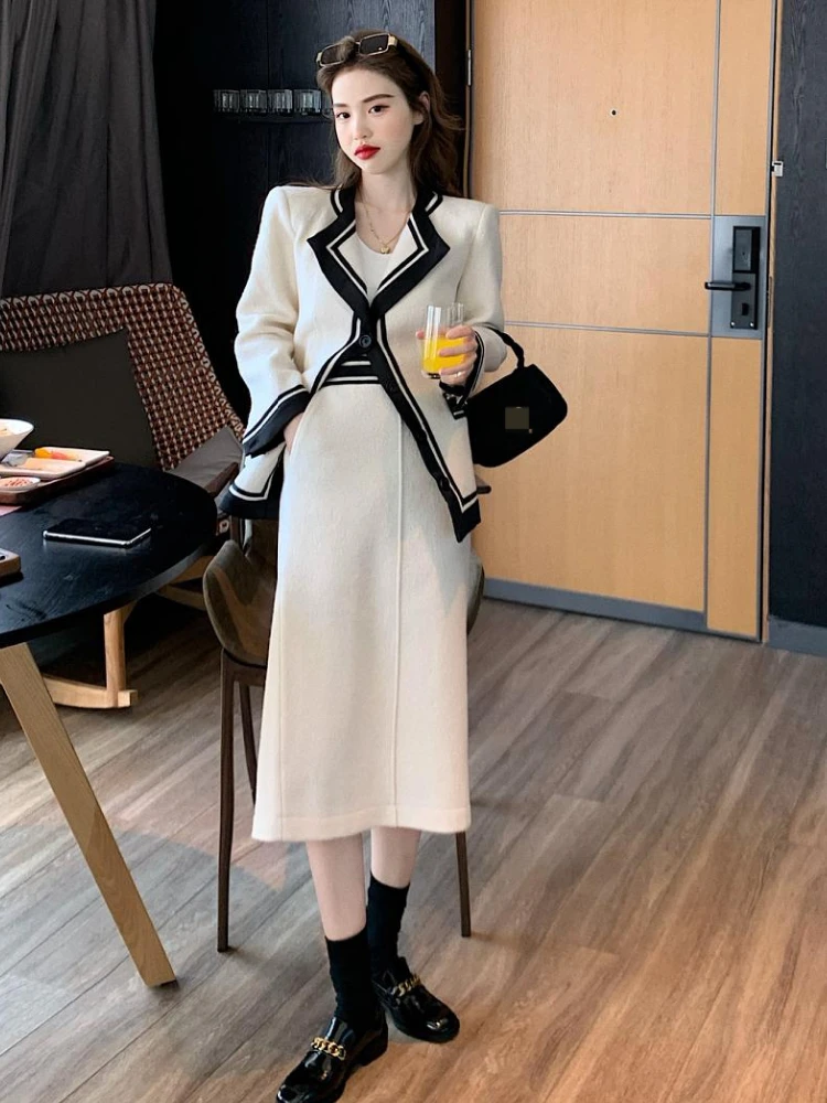 Autumn And Winter White Elegant Woman's Office Suit Vintage Woolen Coat High Waist Skirt Two Piece Set Blazer Female Outfit