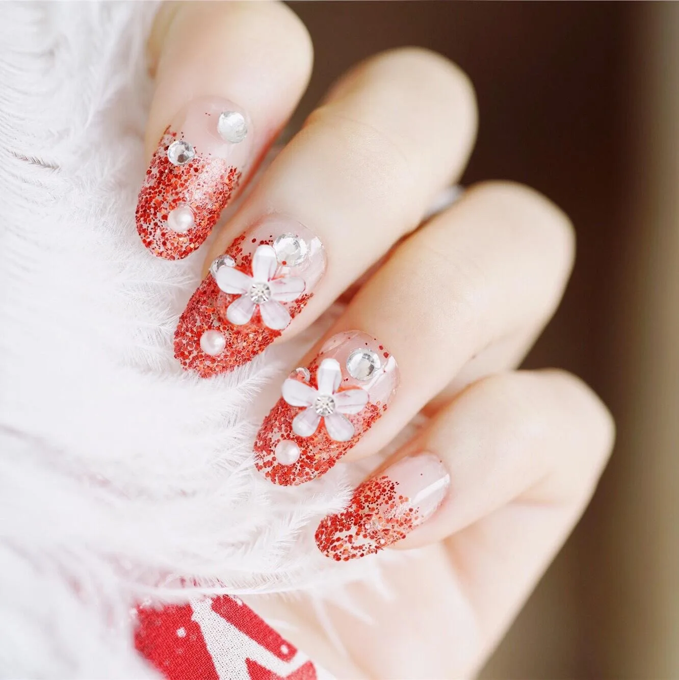 329-Red Handmade Small Flower Gum-Finished Product xin niang kuan Nail Tip Fake Nails Patch Manicure